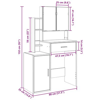 VidaXL Peilipöytä Sonoma-tammi 80x35x132 cm