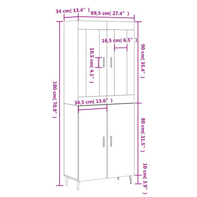 vidaXL Kaappi musta 69,5x34x180 cm tekninen puu