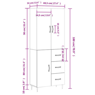 vidaXL Kaappi ruskea tammi 69,5x34x180 cm tekninen puu