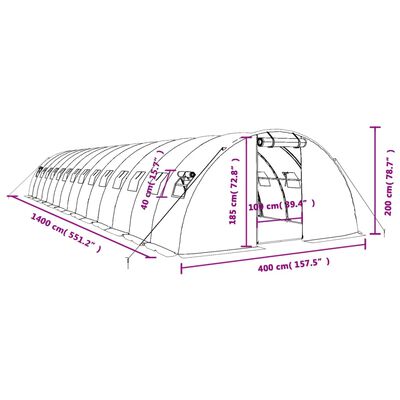 vidaXL Kasvihuone teräsrungolla valkoinen 56 m² 14x4x2 m