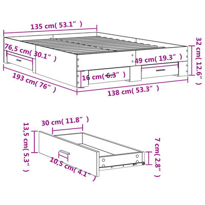 vidaXL Sängynrunko laatikoilla musta 135x190 cm tekninen puu