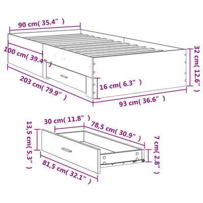 vidaXL Sängynrunko laatikoilla Sonoma-tammi 90x200 cm tekninen puu