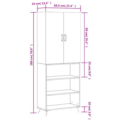 vidaXL Kaappi betoninharmaa 69,5x34x180 cm tekninen puu