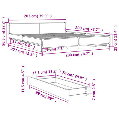 vidaXL Sängynrunko laatikoilla musta 200x200 cm tekninen puu