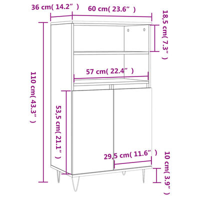 vidaXL Kaappi korkeakiilto valkoinen 60x36x110 cm tekninen puu