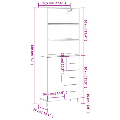 vidaXL Kaappi savutammi 69,5x34x180 cm tekninen puu