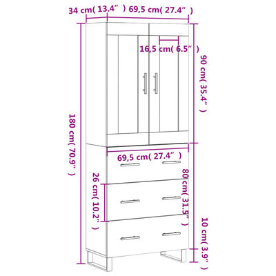 vidaXL Kaappi betoninharmaa 69,5x34x180 cm tekninen puu