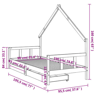 vidaXL Lasten sängynrunko laatikoilla 90x190 cm täysi mänty