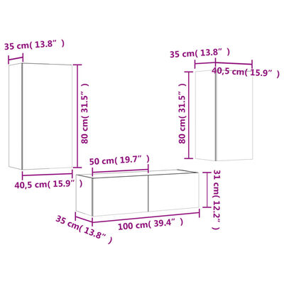 vidaXL 3-osainen TV-seinäkaappisarja LED-valoilla harmaa Sonoma