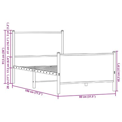 vidaXL Metallinen sängynrunko ilman patjaa savutammi 75x190 cm