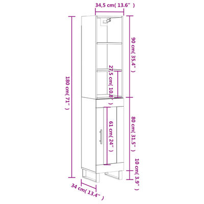 vidaXL Kaappi betoninharmaa 34,5x34x180 cm tekninen puu