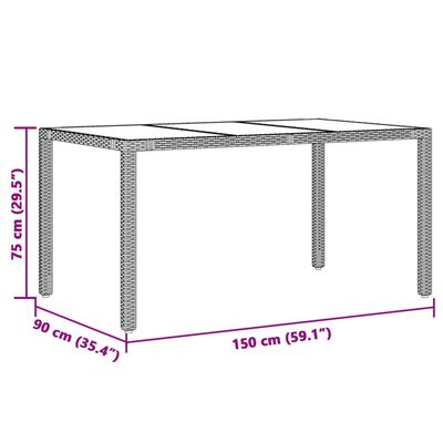 vidaXL Puutarhapöytä lasipöytälevy harmaa 150x90x75 cm polyrottinki