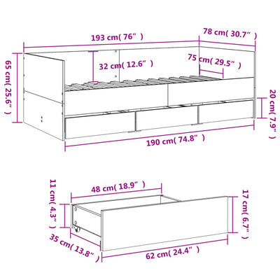 vidaXL Vuodesohva laatikoilla ei patjaa ruskea tammi 75x190 cm