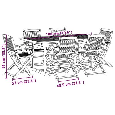 vidaXL 7-osainen Puutarharuokailuryhmä 180x90x75 cm täysi akaasiapuu