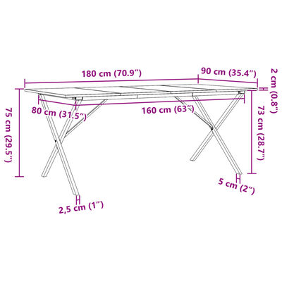 vidaXL Ruokapöytä X-runko 180x90x75 cm täysi mänty ja valurauta