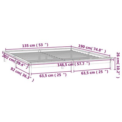 vidaXL Sängynrunko LED valkoinen 135x190 cm Double täysi puu