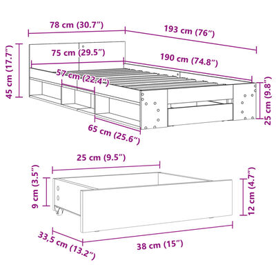 vidaXL Sängynrunko laatikolla ruskea tammi 75x190 cm tekninen puu