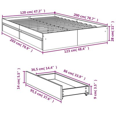 vidaXL Sängynrunko laatikoilla harmaa Sonoma 120x200 cm tekninen puu