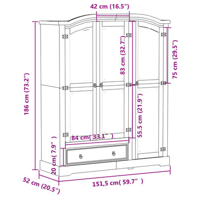 vidaXL Vaatekaappi Corona valkoinen 151,5x52x186 cm täysi mänty