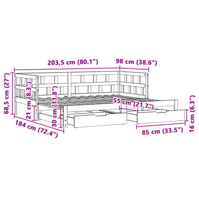 vidaXL Vuodesohva rullilla ja laatikoilla 90x200 cm täysi mänty