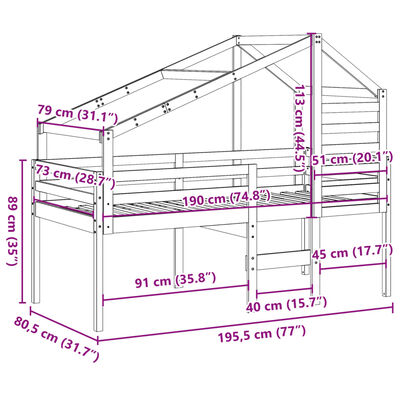 vidaXL Korotettu sänky katolla valkoinen 75x190 cm täysi mänty