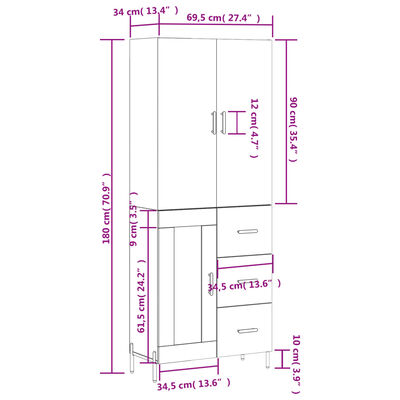 vidaXL Kaappi korkeakiilto valkoinen 69,5x34x180 cm tekninen puu