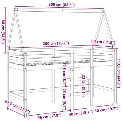 vidaXL Parvisänky tikkailla ja katoksella valk. 80x200 cm täysi mänty