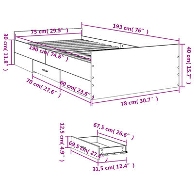 vidaXL Sängynrunko laatikoilla Sonoma-tammi 75x190 cm tekninen puu