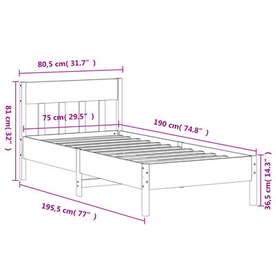 vidaXL Sängynrunko ilman patjaa 75x190 cm täysi mänty