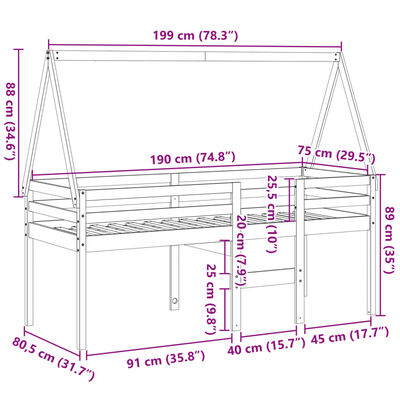 vidaXL Korotettu sänky katolla vahanruskea 75x190 cm täysi mänty