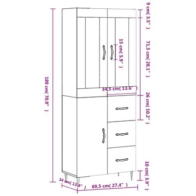 vidaXL Kaappi harmaa Sonoma 69,5x34x180 cm tekninen puu