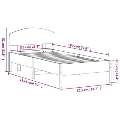 vidaXL Sängynrunko ilman patjaa päädyllä 75x190 cm täysi mänty