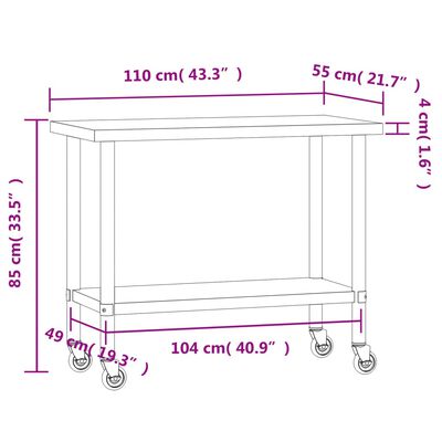 vidaXL Keittiön työpöytä pyörillä 110x55x85 cm ruostumaton teräs