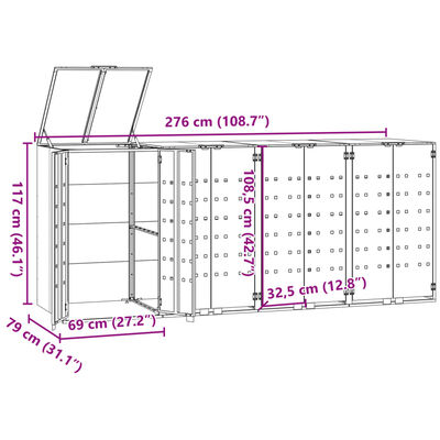 vidaXL Roskalaatikon säilytystila neljälle musta 276x79x117 cm teräs