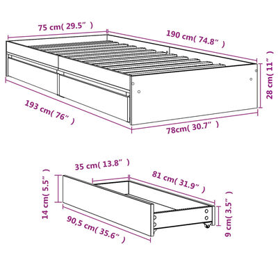 vidaXL Sängynrunko laatikoilla harmaa Sonoma 75x190 cm tekninen puu