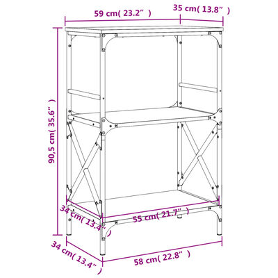 vidaXL Kirjahylly 3 kerrosta ruskea tammi 59x35x90,5 cm tekninen puu