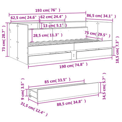 vidaXL Vuodesohva laatikoilla ei patjaa Sonoma-tammi 75x190 cm