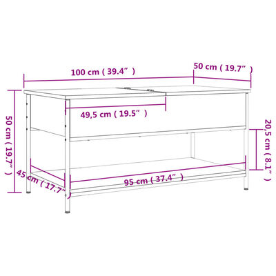 vidaXL Sohvapöytä savutammi 100x50x50 cm tekninen puu ja metalli