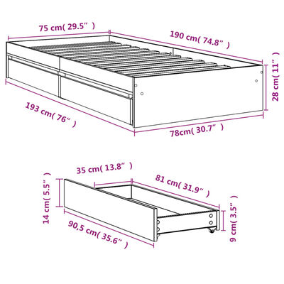 vidaXL Sängynrunko laatikoilla Sonoma-tammi 75x190 cm tekninen puu