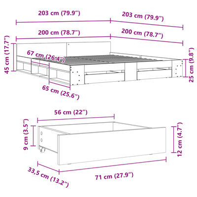 vidaXL Sängynrunko laatikoilla Sonoma-tammi 200x200 cm tekninen puu