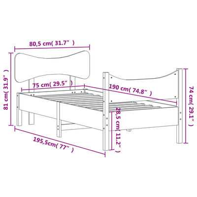 vidaXL Sängynrunko ilman patjaa vahanruskea 75x190 cm täysi mänty