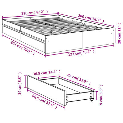 vidaXL Sängynrunko laatikoilla savutammi 120x200 cm tekninen puu