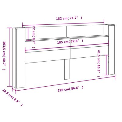 vidaXL Sängynpäätykaappi LED-valoilla savutammi 220x16,5x103,5 cm