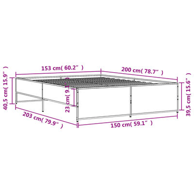 vidaXL Sängynrunko savutammi 150x200 cm tekninen puu ja metalli