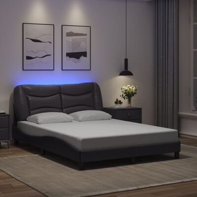 vidaXL Sängynrunko LED-valoilla harmaa 140x190 cm keinonahka