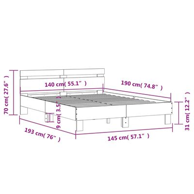 vidaXL Sängynrunko päätylevyllä betoninharmaa 140x190 cm tekninen puu