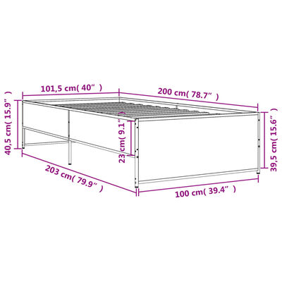 vidaXL Sängynrunko harmaa Sonoma 100x200 cm tekninen puu ja metalli