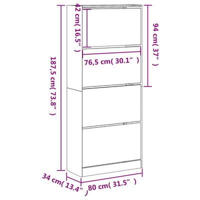 vidaXL Kenkäkaappi 4 kääntölaatikolla Sonoma-tammi 80x34x187,5 cm