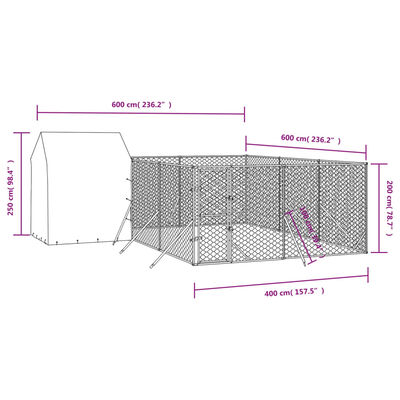 vidaXL Koiran ulkohäkki katolla hopea 6x6x2,5 m galvanoitu teräs