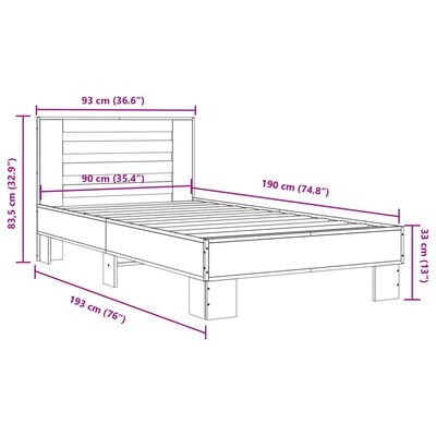 vidaXL Sängynrunko savutammi 90x190 cm tekninen puu ja metalli